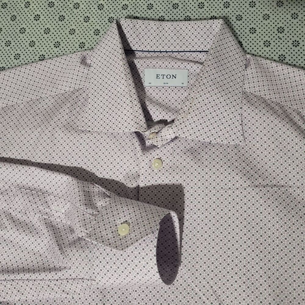 Eton Men's Size 46 18  Slim Fit Pink White Geometric Print Button Up Shirt
